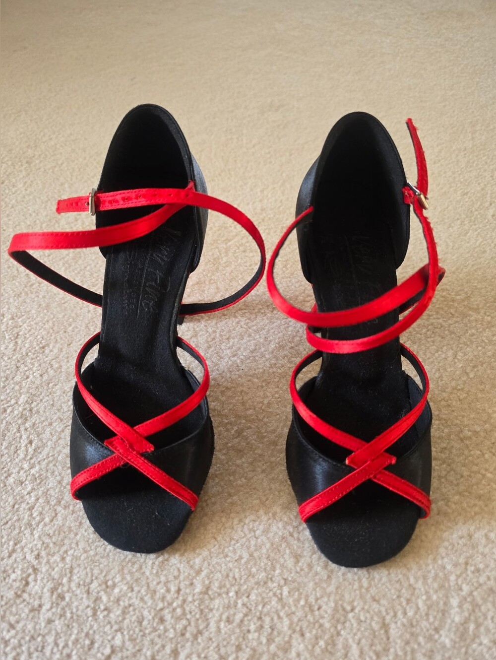 Very Fine Dance Shoe Black & Red Strappy 3.25 Inch Heels with Ankle Wrap